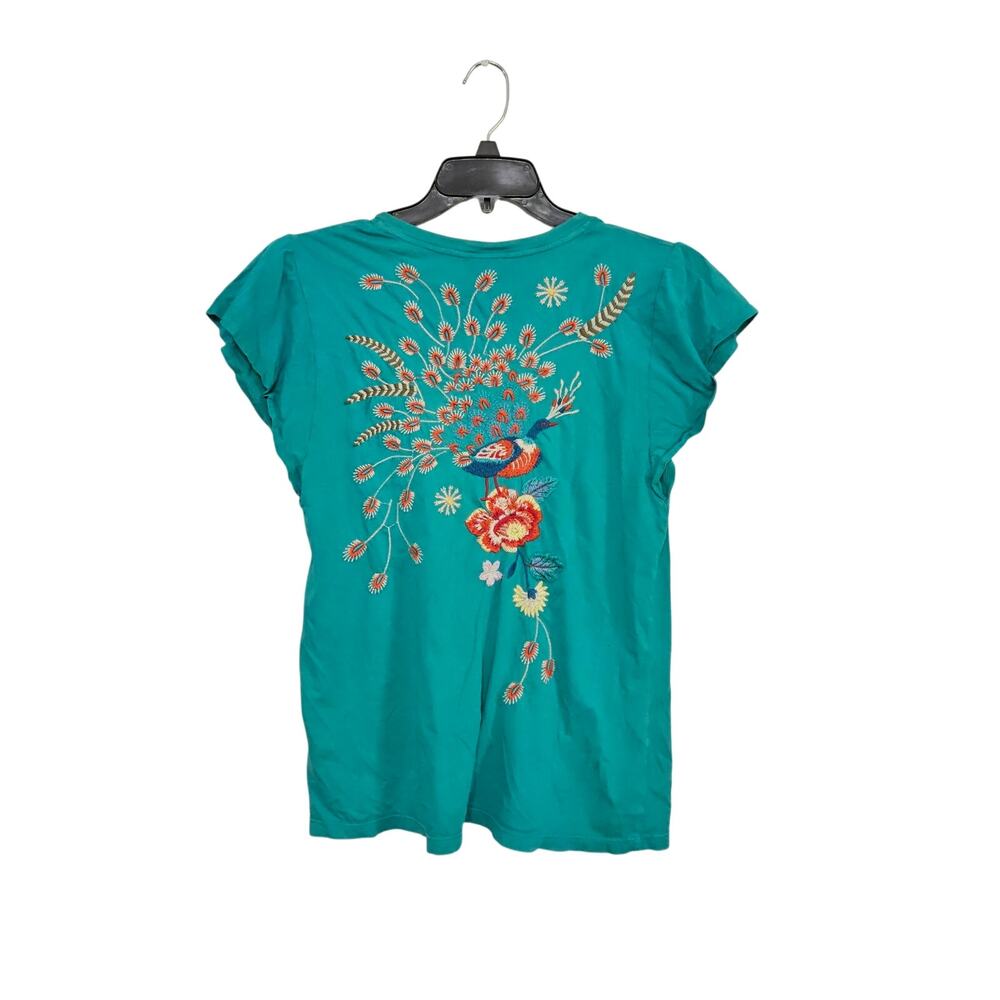 Johnny Was Embroidered Cotton Tee Peacock Floral Size Medium V-Neck Short Sleeve